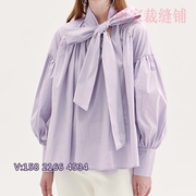 淡紫色女士衬衫宽松版型蝴蝶结，系带款可选料制作高级定制女士衬衣