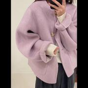 反季宽松紫色圆领短款双面羊绒，大衣女小香风小个子羊毛呢外套2024