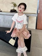 A346女童短袖T恤夏装小女孩国风刺绣蝴蝶儿童纯棉新中式上衣