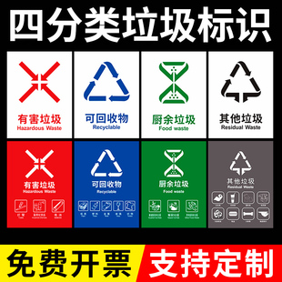 四分类垃圾桶标识垃圾分类标识贴纸北京上海杭州苏州垃圾标识，标签可回收有害厨余垃圾箱指示牌贴纸海报宣传画