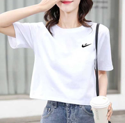 白色短款圆领短袖t恤女2024夏季宽松显瘦小个子女生纯棉半袖T