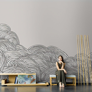 新中式手绘抽象线条背景墙壁纸卧室，客厅墙布装饰定制环保壁画布