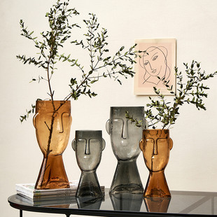 简约轻奢莫娜塔人脸艺术透明玻璃花瓶摆件客厅大号桌面插花装饰花