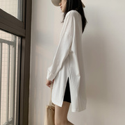 韩版白色t恤女长袖棉质大码内搭打底衫中长款宽松洋气上衣体恤