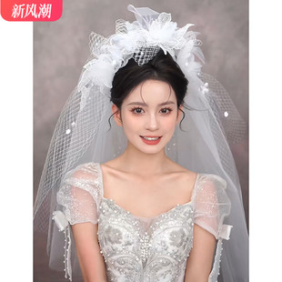韩子造型头纱新娘主婚纱短款花朵高级感结婚领证求婚旅拍照发饰品