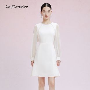 lakoradior拉珂蒂2024年春季三醋酸纯色，长袖钉珠气质连衣裙