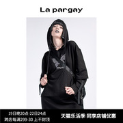 lapargay纳帕佳秋装黑色，卫衣裙个性时尚休闲长袖，连帽连衣裙