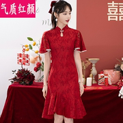 新娘敬酒服新中式，回门便装订婚结婚婚宴礼服，改良版旗袍红色连衣裙