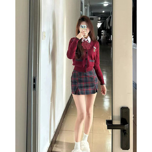韩系女主风学院风酒红色针织开衫长袖毛衣女春高腰半身裙三件套装