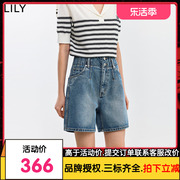 LILY2024夏女装复古休闲通勤款百搭高腰显瘦A字阔腿牛仔短裤