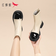 红蜻蜓小香风短靴女2023春夏高级白色靴子女小踝靴法式瘦瘦靴