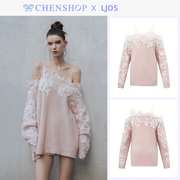 LJOS时尚嫩粉色蕾丝拼接露肩针织衫小众百搭女CHENSHOP设计师品牌