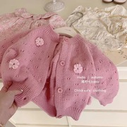 韩国童装女童针织开衫春秋款2024洋气粉色花朵毛衣外套上衣潮
