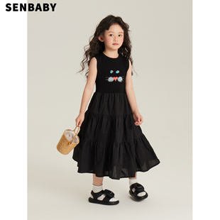 senbaby童装儿童连衣裙女童夏休闲裙中大童黑色小猫T恤拼接裙