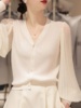 白色V领针织衫女薄款开衫个性风琴褶雪纺拼接灯笼袖衬衫冰丝上衣