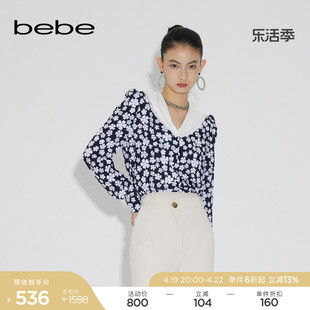 bebe春夏系列女士印花珍珠，扣塔克褶长袖雪纺衫上衣180101