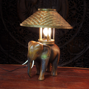 实木吉象雕刻床头台灯 复古暖光泰式茶室禅意竹编灯书房客厅灯具
