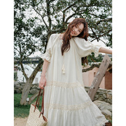 波西米亚米白色宽松连衣裙蕾丝，拼接度假风，超大裙摆泡泡袖长裙超仙