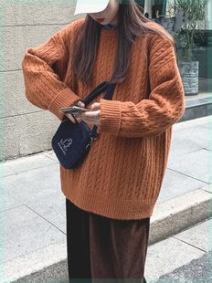 韩国东大门针织圆领毛衣，开衫女慵懒风，套头纯色单穿外套冰激凌色女