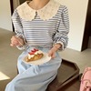 韩国chic春季甜美花边拼接娃娃领条纹T恤+高腰阔腿牛仔裤长裤