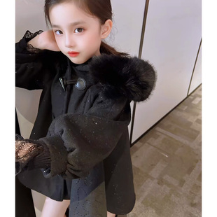 韩国女童英伦毛呢大衣2022冬装，洋气大毛领，连帽中长款加厚外套