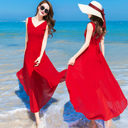 红色度假雪纺连衣裙2夏长裙高腰大摆两面穿韩版V领改良版旗袍舞蹈