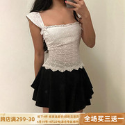 darlingaga少女蕾丝蝴蝶结宽肩带吊带背心女修身提花，双层绑带上衣