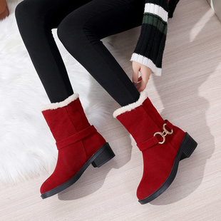 雪地靴女款冬季加绒加厚粗跟短靴2024红色中筒靴子女士棉鞋子