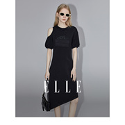 ELLE法式黑色收腰设计感连衣裙女2024夏季短袖不对称露肩裙