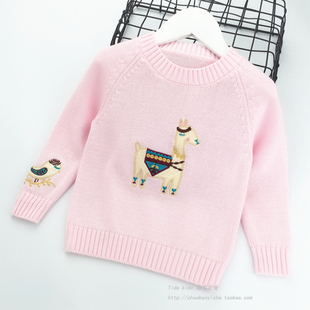 女童毛衣套头2021春季儿童装，圆领刺绣针织打底衫，宝宝纯棉线衣