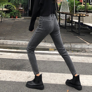 牛仔裤女2022春季高腰，烟灰色韩版学生显瘦黑色，chic紧身小脚裤
