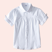 女童短袖白衬衫纯棉夏季儿童蝴蝶结学院白色衬衣中大童小学生校服