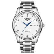 watch瑞士品牌石英表钢带双日历，商务男士手表，冠琴钢带男表