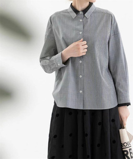 撞色拼接条纹长袖衬衫，女2023秋季甜美polo领纯棉宽松衬衫