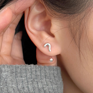 为晚S999纯银问号叹号不规则耳钉女独特个性耳环小众耳饰时髦