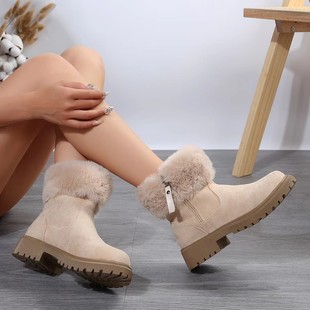 2023冬季大码外贸女鞋纯色，毛绒鞋口侧拉链低跟保暖棉鞋女靴子