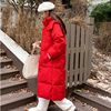 冬季防寒抗冻连帽羽绒棉服女红色设计感中长款面包服棉袄外套