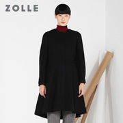 ZOLLE因为毛呢外套女中长款圆领不规则长袖呢子大衣2017冬季
