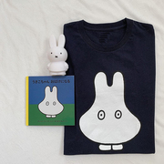 日系兔子卡通深蓝色有特色的t恤女重磅纯棉个性宽松夏季亲子上衣