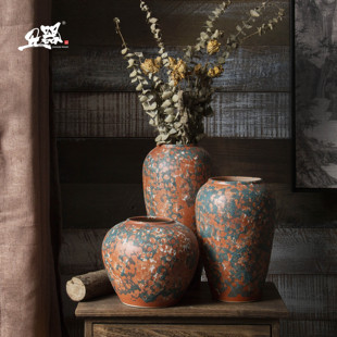粗陶陶瓷干花花瓶花器陶罐，复古装饰摆件，大三件套装景德镇禅意古朴