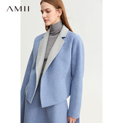 Amii2023冬双面异色翻驳领插肩袖羊毛双面呢女配腰带上衣外套