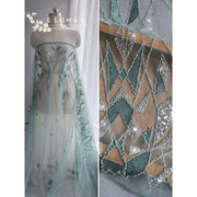 绿色底钉珠亮片刺绣蕾丝E17几何线条图形婚纱礼服韩服设计师面料