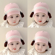 秋冬季婴儿帽子女宝宝超萌时尚假发辫子帽婴幼儿小公主花边套头帽