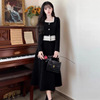 赫本风设计感法式复古气质丝绒，泡泡袖小黑裙连衣裙高腰显瘦打底裙