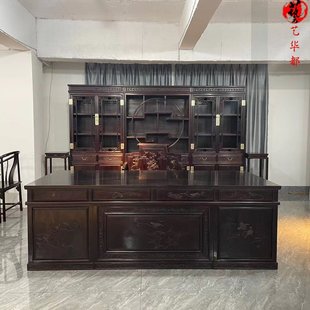 印度小叶紫檀实木办公桌书柜组合中式老板桌写字台仿古红木总裁桌