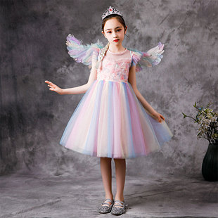 女童连衣裙夏装仙女儿童洋气天使翅膀彩虹裙礼服短袖爱莎公主裙子