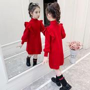 女童毛衣裙中长款针织衫秋冬公主连衣裙儿童红色洋气冬装打底裙子