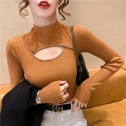 香港TIMO高级感半高领毛衣女秋冬洋派时髦时尚性感镂空针织打底衫