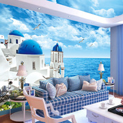 3d海洋宾馆主题墙布，酒店餐厅地中海风格墙纸山水，背景壁纸海景壁画