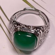 天然绿玉髓玛瑙男士戒指绿宝石冰种翡翠色银活口镶嵌祖母绿指环女